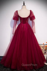 Burgundy Tulle Beaded Long Sleeve Evening Prom Dresses, A-Line Evening Graduation Dresses