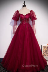 Burgundy Tulle Beaded Long Sleeve Evening Prom Dresses, A-Line Evening Graduation Dresses