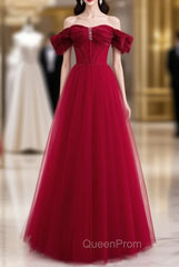 Burgundy Tulle Beading Off the Shoulder Evening Prom Dresses