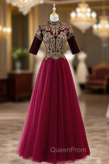 Burgundy Tulle Beading Short Sleeve Evening Prom Dresses