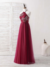 Burgundy Tulle Beads Long Prom Dress Burgundy Evening Dress