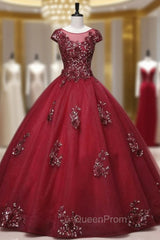 Burgundy Tulle Cap Sleeve Backless Appliques Quinceanera Dresses