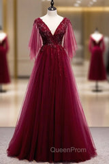 Burgundy Tulle Deep V-neck Beading Evening Prom Dresses