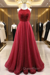 Burgundy Tulle Halter Beading Evening Prom Dresses