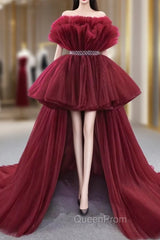 Burgundy Tulle Strapless Evening Prom Dresses