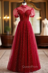 Burgundy Tulle High Neck Short Sleeve Beading Sequins Evening Prom Dresses