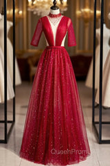 Burgundy Tulle High Neck Short Sleeve Pleats Beading Evening Prom Dresses