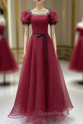 Burgundy Tulle Lace Long Evening Prom Dresses, Burgundy Evening Dresses
