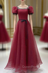 Burgundy Tulle Lace Long Evening Prom Dresses, Burgundy Evening Dresses