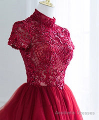 Burgundy Tulle Lace Long Prom Dress, Tulle Lace Evening Dress