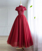 Burgundy Tulle Lace Long Prom Dress, Tulle Lace Evening Dress
