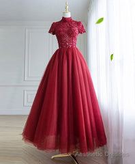 Burgundy Tulle Lace Long Prom Dress, Tulle Lace Evening Dress