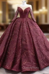 Burgundy Tulle Lace Long Sleeve Evening Prom Dresses