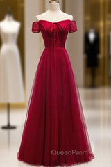 Burgundy Tulle Lace Off the Shoulder Evening Prom Dresses With Button
