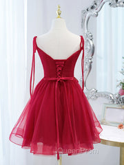 Burgundy Tulle Lace Short Evening Prom Dresses, Burgundy Homecoming Dresses