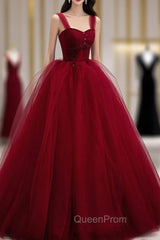 Burgundy Tulle Long A-Line Evening Dresses, Off the Shoulder Evening Party Dresses