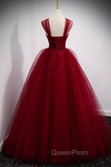Burgundy Tulle Long A-Line Evening Dresses, Off the Shoulder Evening Party Dresses