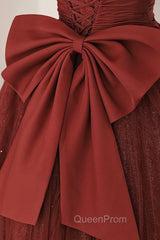 Burgundy Tulle Long A-Line Evening Prom Dresses, Cute Short Sleeve Evening Dresses