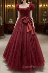 Burgundy Tulle Long A-Line Evening Prom Dresses, Lovely Evening Graduation Dresses