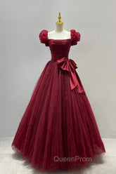 Burgundy Tulle Long A-Line Evening Prom Dresses, Lovely Evening Graduation Dresses