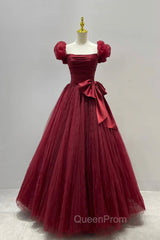 Burgundy Tulle Long A-Line Evening Prom Dresses, Lovely Evening Graduation Dresses