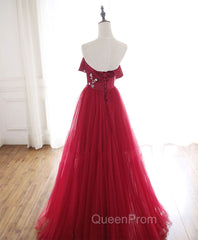 Burgundy Tulle Long Evening Prom Dresses, A line Burgundy Evening Party Dresses