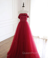 Burgundy Tulle Long Evening Prom Dresses, A line Burgundy Evening Party Dresses