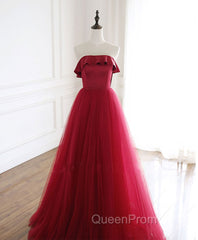 Burgundy Tulle Long Evening Prom Dresses, A line Burgundy Evening Party Dresses