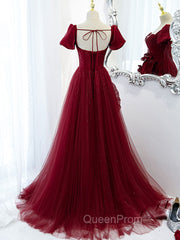 Burgundy Tulle Long Evening Prom Dresses, Burgundy Tulle Evening Dresses
