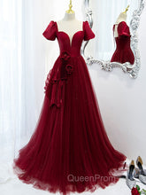 Burgundy Tulle Long Evening Prom Dresses, Burgundy Tulle Evening Dresses