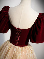 Burgundy Tulle Long Evening Prom Dresses, Burgundy Tulle Evening Dresses