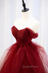 Burgundy Tulle Long Evening Prom Dresses with Beaded, Burgundy Off Shoulder Evening Dresses