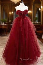 Burgundy Tulle Long Evening Prom Dresses with Beaded, Burgundy Off Shoulder Evening Dresses