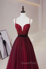 Burgundy Tulle Long Evening Prom Dresses with Beaded, Spaghetti Straps Evening Dresses