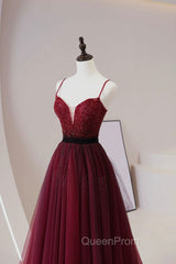Burgundy Tulle Long Evening Prom Dresses with Beaded, Spaghetti Straps Evening Dresses