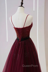 Burgundy Tulle Long Evening Prom Dresses with Beaded, Spaghetti Straps Evening Dresses