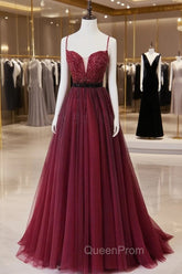 Burgundy Tulle Long Evening Prom Dresses with Beaded, Spaghetti Straps Evening Dresses