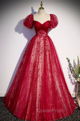 Burgundy Tulle Long Evening Prom Dresses with Sequins, A-Line Short Sleeve Evening Dresses