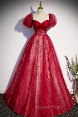 Burgundy Tulle Long Evening Prom Dresses with Sequins, A-Line Short Sleeve Evening Dresses
