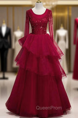 Burgundy Tulle Long Sleeve Beading Evening Prom Dresses