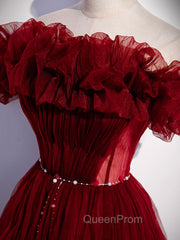 Burgundy Tulle Off Shoulder Long Evening Prom Dresses, Burgundy Evening Dresses