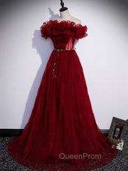 Burgundy Tulle Off Shoulder Long Evening Prom Dresses, Burgundy Evening Dresses