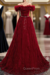 Burgundy Tulle Off Shoulder Long Evening Prom Dresses, Burgundy Evening Dresses