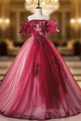 Burgundy Tulle Off the Shoulder Appliques Beading Quinceanera Dresses