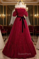 Burgundy Tulle Off the Shoulder Pleats Puff Sleeve Evening Prom Dresses