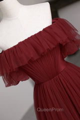 Burgundy Tulle Off the Shoulder Evening Prom Dresses, Long A-Line Evening Dresses