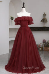 Burgundy Tulle Off the Shoulder Evening Prom Dresses, Long A-Line Evening Dresses