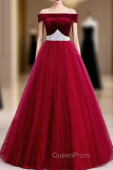 Burgundy Tulle Off the Shoulder Evening Prom Dresses With Pearls 2020