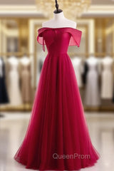 Burgundy Tulle Pearls Off the Shoulder Evening Prom Dresses