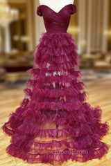 Burgundy Tulle Pleats Off the Shoulder Evening Prom Dresses